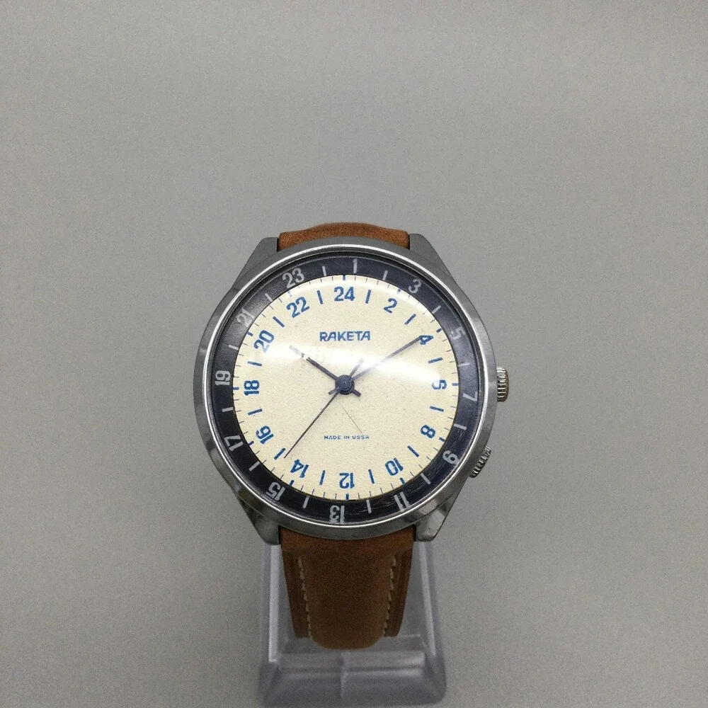Vintage Raketa Mens Watch 40mm Silver Tone Cream 24 Hour Dial Manual USSR